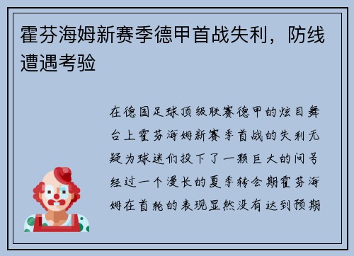 霍芬海姆新赛季德甲首战失利，防线遭遇考验
