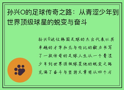 孙兴O的足球传奇之路：从青涩少年到世界顶级球星的蜕变与奋斗